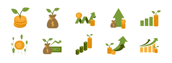 Profit Growth Money flat illustration set. Include of analytic, dollar, coin, growth, chart. Vector illustration isolated transparent background