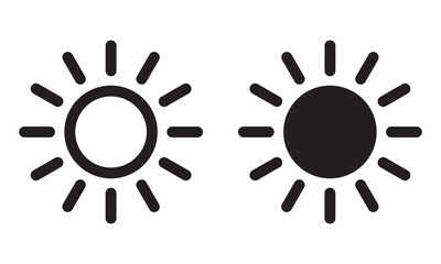 Sun icon, sun symbol, black sun sign isolated on white.