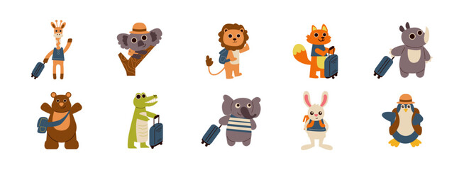 Cute Traveling Animals flat illustration set. Include of lion, fox, rabbit, koala, giraffe, and more. Vector illustration isolated transparent background
