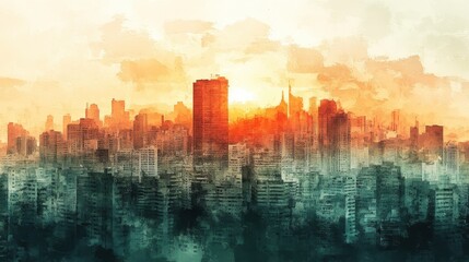 Fototapeta premium Concrete Jungle Chronicles: Overcrowded Urban Landscape in Watercolor Style