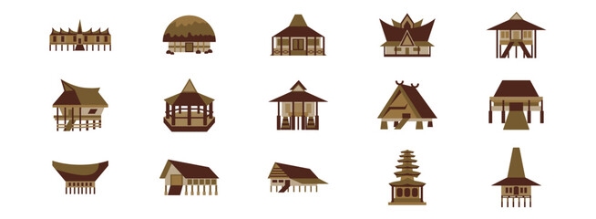 Indonesian Traditional Building flat illustration set. Include of  indonesia ancient, house, vintage, religion, history, ethnic, and more. Vector illustration isolated transparent background