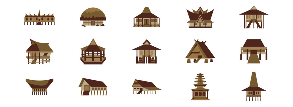 Indonesian Traditional Building flat illustration set. Include of  indonesia ancient, house, vintage, religion, history, ethnic, and more. Vector illustration isolated transparent background