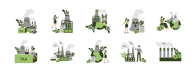 Tax Carbon flat illustration set. Include of eco energy, factory, emission carbon, and industrial plant. Vector illustration isolated transparent background