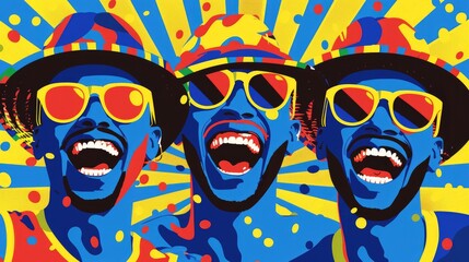 Three Men in Hats and Sunglasses Laugh Joyfully