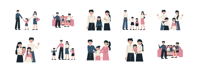Family flat illustration set. Include of family together, happiness, parents, and happy family. Vector illustration isolated transparent background