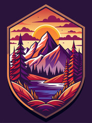 Sunset Mountain Landscape with a River and Trees