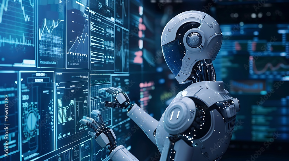 Poster futuristic robot with digital interface interaction filled with graphic chart data for the concept o
