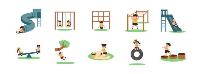 Children in Playground flat illustration set. Include of play swing, recreation, toddler, and kids laughing. Vector illustration isolated transparent background