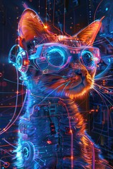 Cyberpunk Cat with Goggles and Neon Lights