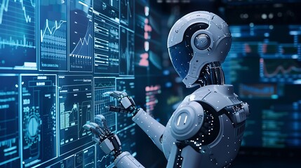 Futuristic Robot with digital interface interaction filled with graphic chart data for the Concept of the power of artificial intelligence or the advancement of data analysis technology.