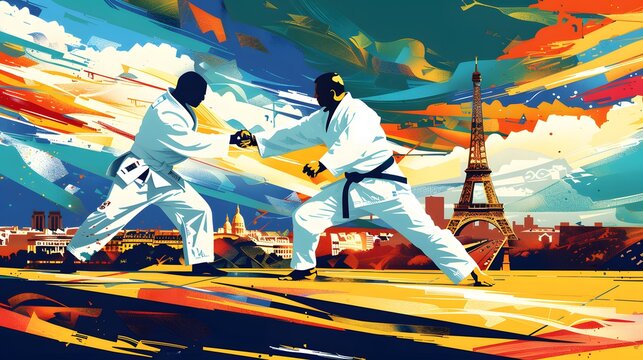 A judo match with Paris landmarks, captured in refined vector design.