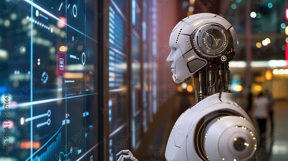 Poster futuristic android with large digital screen displaying data for artificial intelligence concepts or