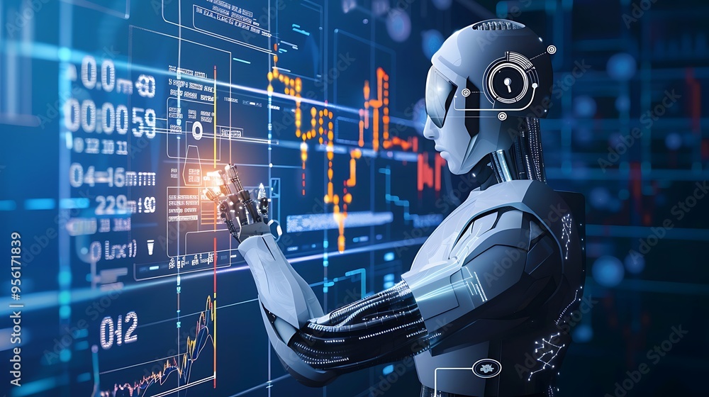 Poster futuristic robot with digital interface interaction that displays information data on a light-up scr