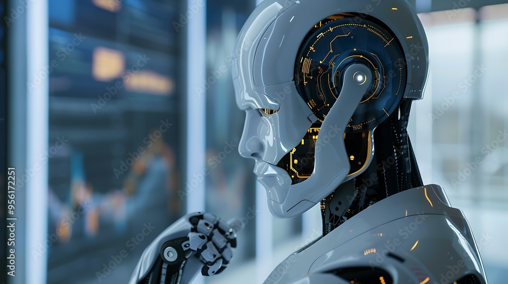 Aufkleber white robot head with blur background for modern technology progress or futuristic artificial intell
