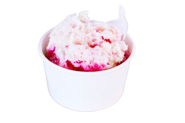 Shaved ice flavored red syrup, sweetened condensed milk topping, In white plastic cup and spoon isolated on cut out PNG or transparent background. Traditional Thai food and desserts.