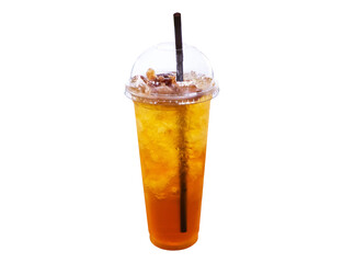 Iced longan juice in glass plastic tall with brown straw isolated on cut out PNG or transparent background. Sweet and refreshing, perfect for quenching thirst in tropical countries. Thai beverage.
