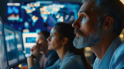 Fototapeta premium Medium close-up of employees in a video conference, with focused expressions and digital screens in the background.