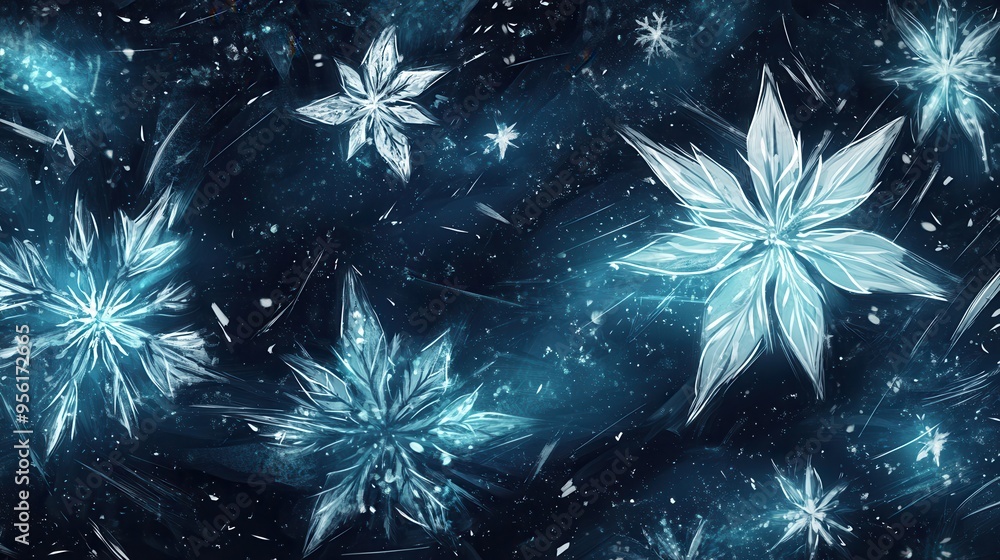 Poster Delicate snowflakes in various shapes float amid flowing lines, evoking the chill of winter and a serene atmosphere. Generative AI