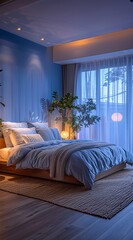 In a modern and simple bedroom scene at night 