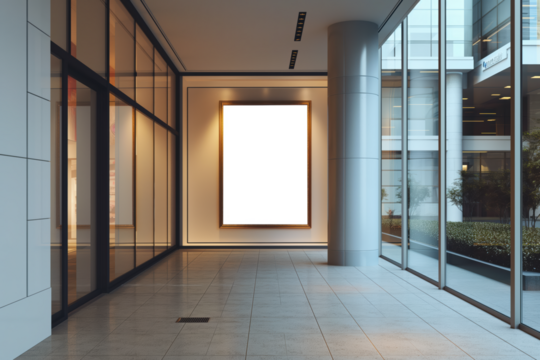 A large white sign hangs in a large room with a lot of windows