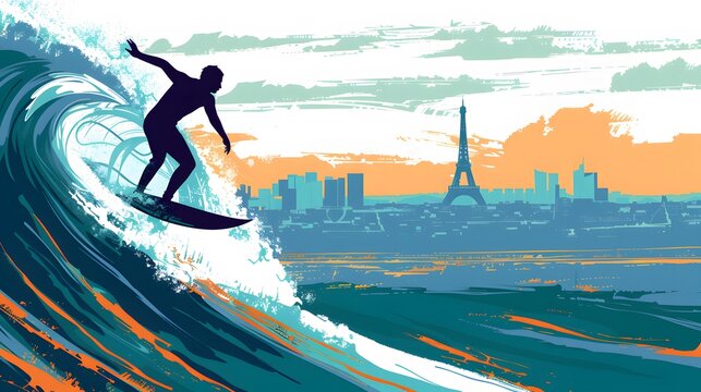 Silhouette of a Surfer Riding a Wave with Paris Skyline in the Background