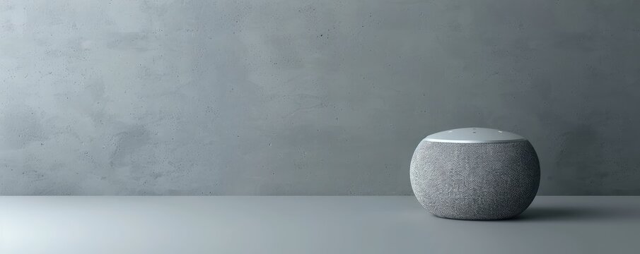 Minimalist gray smart speaker against a plain backdrop