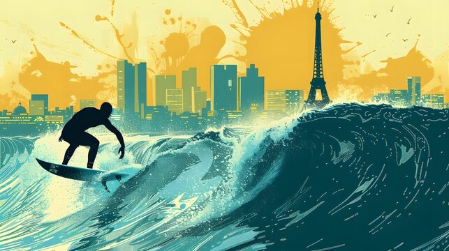 Surfing in the City A Silhouette of a Surfer Riding a Wave with a City Skyline and the Eiffel Tower - Powered by Adobe