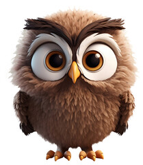 Obraz premium cute owl bird, cartoon, brown color, animal, illustration, 3d character, di-cut, PNG file, isolated background.