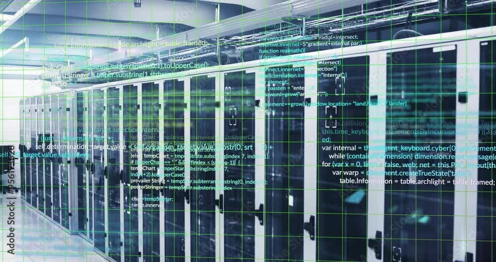 Poster computer code animation over server racks in data center