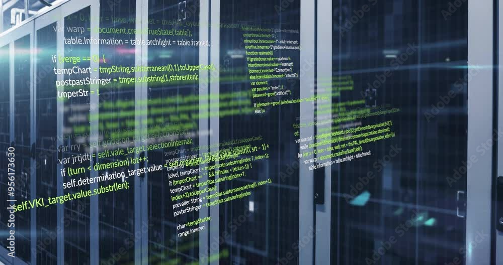 Poster computer code animation over server racks in data center