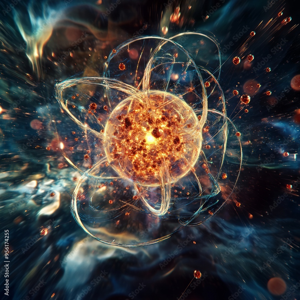 Canvas Prints A glowing sphere at the center of a swirling nebula, surrounded by smaller spheres.