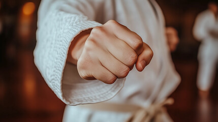 Close-up of a karate student's fist in a powerful punch stance