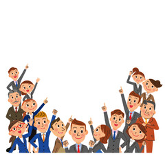 集団の会社員が上を見上げている様子