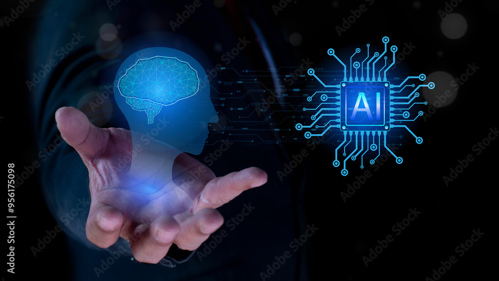 Poster ai and machine learning: hand holding a human brain with an artificial intelligence chip. thinking c