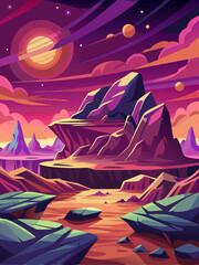 Fototapeta premium Alien Landscape with Purple Mountains and a Ringed Sun