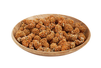 red millet spray food for pet and bird isolated on white background in wood bowl