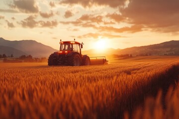 Fototapeta premium Tractor baling wheat field at sunset