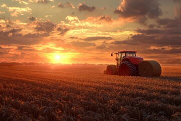 Obraz premium Tractor baling wheat field at sunset