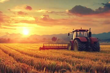 Fototapeta premium Tractor working on the rice fileds barley farm at sunset time modern agricultural transport.