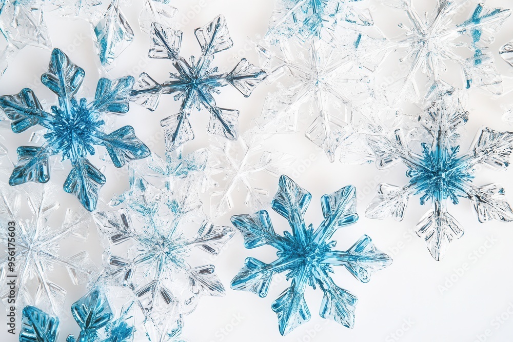 Poster beautiful snowflakes adorned with blue accents are artistically arranged, creating a serene winter a