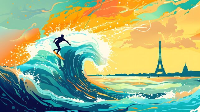 A surfer riding a wave, with a stylized Paris landscape, depicted in sharp vector graphics.