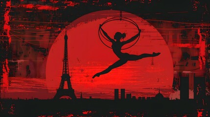 A gymnast performing on the rings, with the Eiffel Tower visible, depicted in sleek vector design.