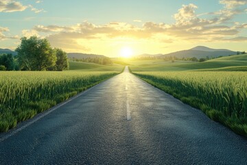 Naklejka premium Country road and green wheat fields at sunrise