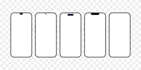 High-Quality Smartphone Mockup Set with Transparent Screen - Detailed 3D Black Mobile Phone Front View Templates. Vector.