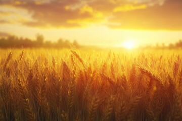 Fototapeta premium Golden ears of wheat on the field. Sunset light.