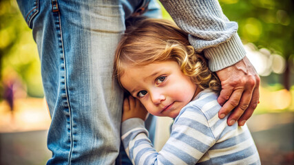 Fototapeta premium Little Girl Hiding Behind Her Father'S Leg. She'S Looking Up With A Worried Expression. A Protective Hand On Her Shoulder.