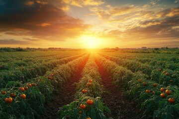 Orange sunset in clouds over green agriculture field with tomatoes. South Ukraine agriculture field.