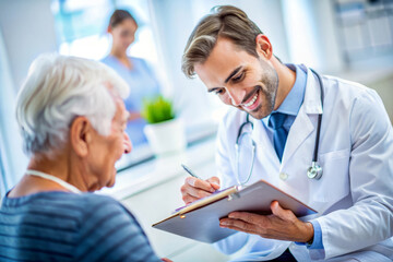 Smiling Doctor Taking Notes While Talking To Senior Patient. Healthcare, Medical Consultation, Doctor-Patient Relationship.