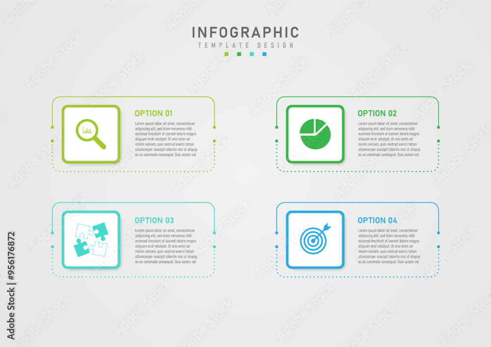 Poster 4 options infographic template simple multi-colored lines and dotted squares with text on the right.
