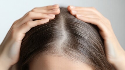 Fototapeta premium Hair loss concept. A close-up of the woman's hands touching her hair shows signs of thinning and sparse areas on the top of her head. on a white background.